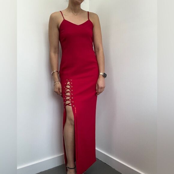 Vintage 90'S Red Spaghetti Strap High Front Leg Slit Lace Up Midi Dress Size S - Picture 4 of 10